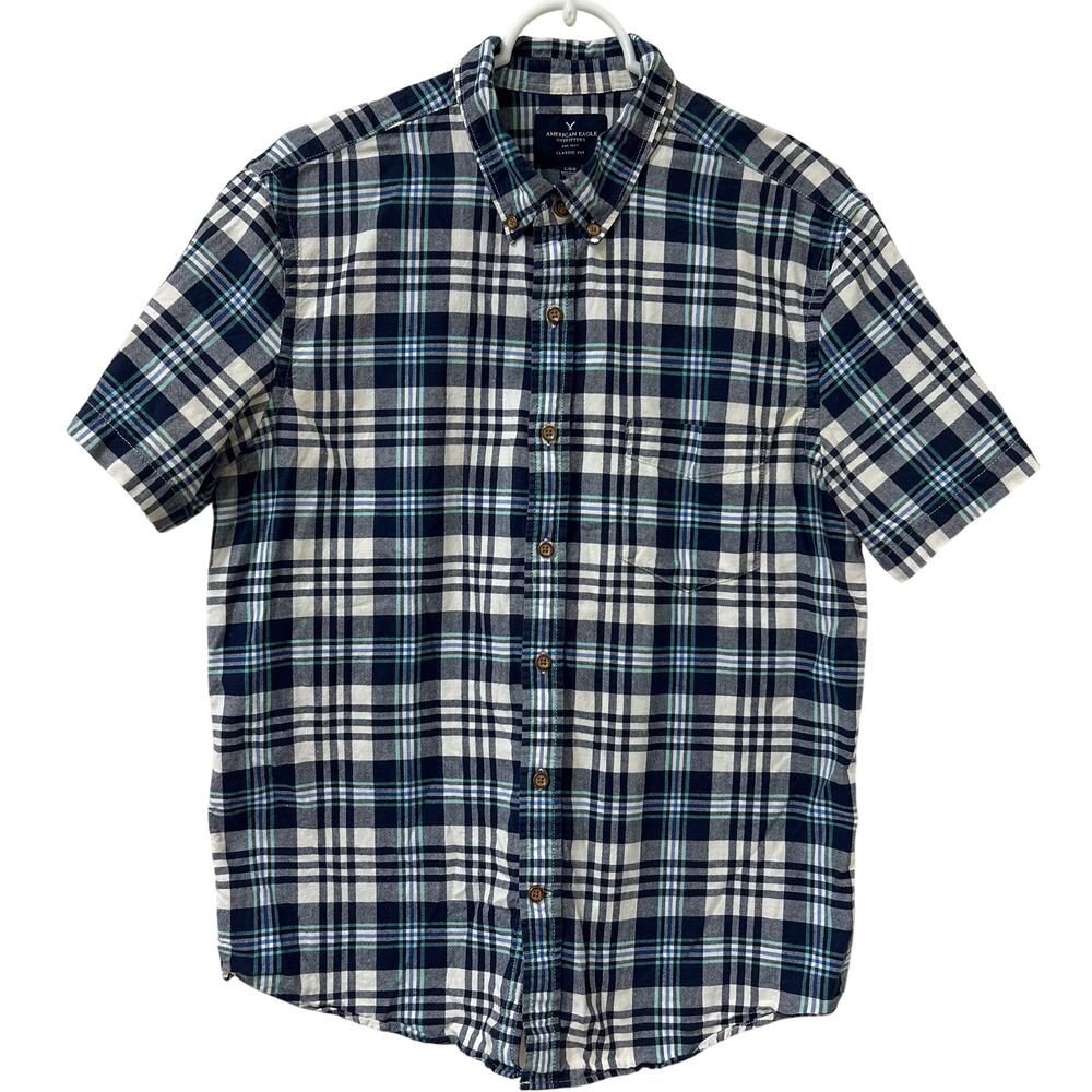 American Eagle Mens Large Classic Fit Blue Plaid Short Sleeve Button Down Shirt